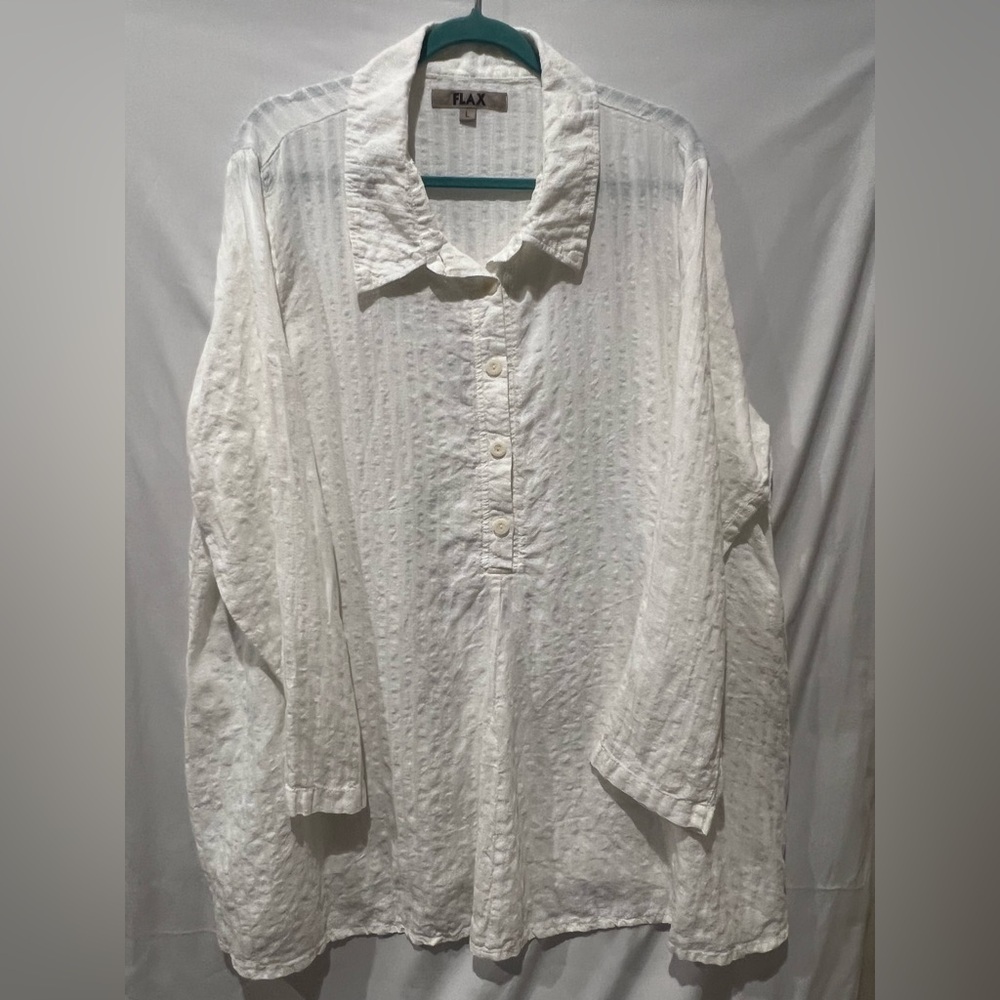 Flax White Textured Button Down Tunic Shirt